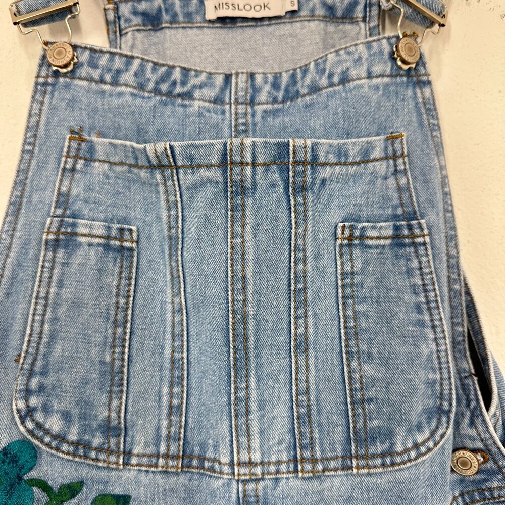 Misslook Floral Painted Denim Bib Overalls Festival Quirky Women's Size Small - Picture 5 of 12